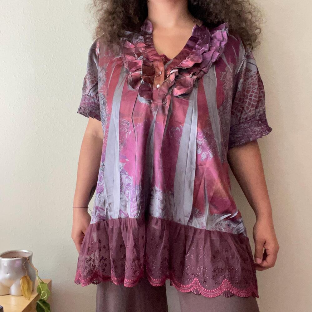 Y2K vintage 2000s fairy whimsy purple magenta silver ruffle blouse | Size XL/XXL